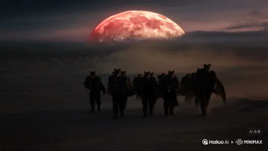 `史诗电影级广角镜头，辽阔荒凉的戈壁平原黄昏，地平线低悬巨大血月，风沙弥漫。一队(8-12名)高大健硕的拟人化狼人战士，身着统一的暗色镶金属边厚重军装制服，肩披破旧披风，手持自动步枪，如钢铁剪影般从远方风沙中沉稳而坚定地列队走来。低角度逆光，强烈轮廓光勾勒出狼耳、肩甲和武器锋芒，风沙掠过脚下，尘土飞扬，浩气磅礴，压迫感十足。电影级光影，高细节，虚幻引擎渲染， --ar 16:9` by Hailuo AI Video Generator