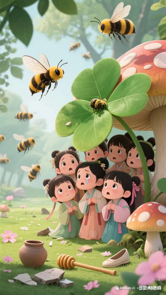 展现小女孩们暂时摆脱蜜蜂的情景。 by Hailuo AI Video Generator