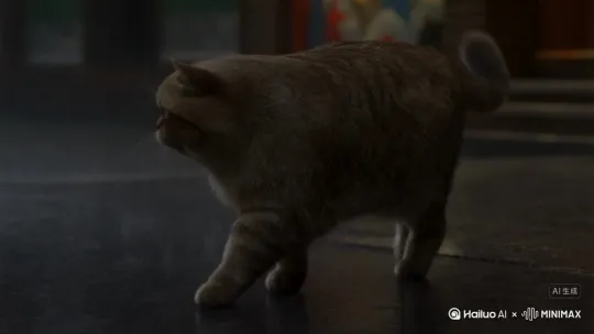 伤感的胖猫 嘴巴说话走路心情低落 天空下着雨 by Hailuo AI Video Generator