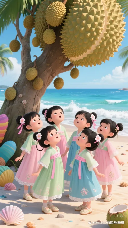 小女孩们抵达海岛，被沙滩边的巨型榴莲树吸引，惊讶，惊喜。 by Hailuo AI Video Generator