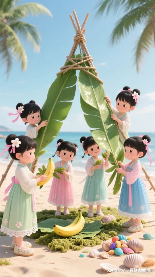 小女孩们利用海岛植物搭建临时营地，展现了在陌生环境中的生存智慧。 by Hailuo AI Video Generator