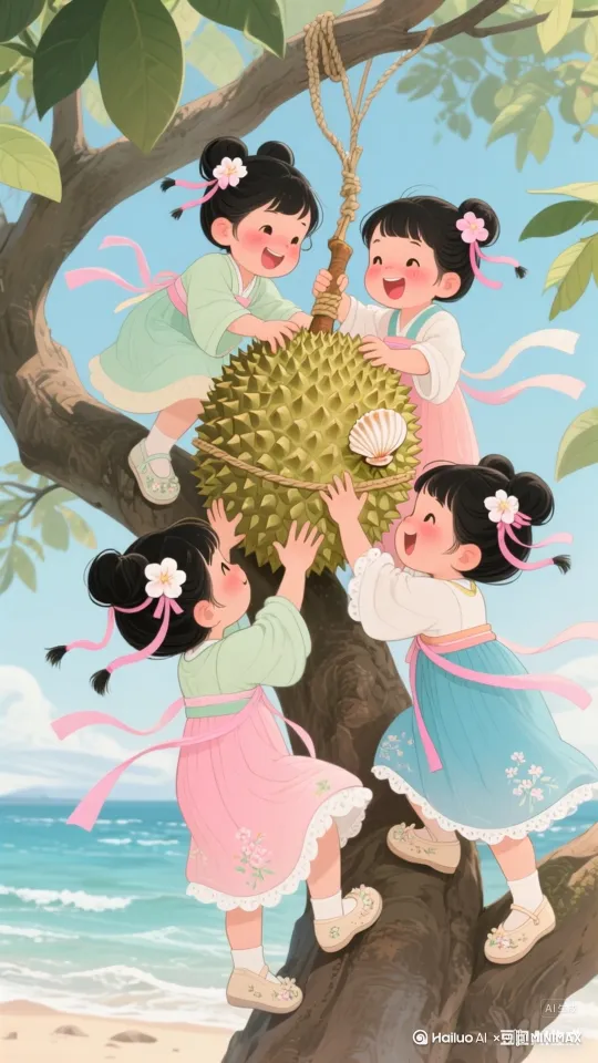 小女孩们在海风助力下，齐心协力在树枝间摘巨型榴莲，充满了童趣与力量。 by Hailuo AI Video Generator