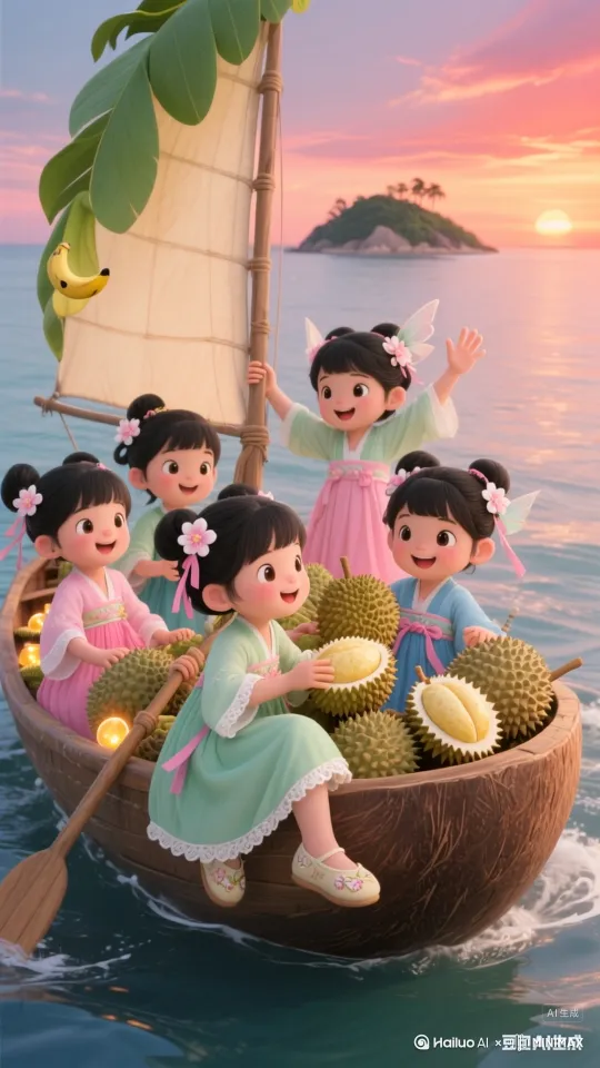 小女孩们划着船，开心的载着一船榴莲在海里向右边驾驶去，海浪轻轻拍打船身，镜头渐渐拉远。 by Hailuo AI Video Generator