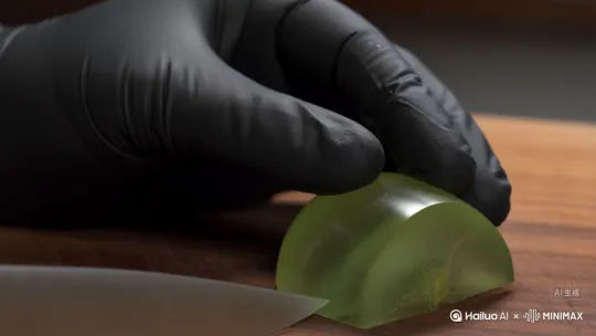 一双手戴着极简风格的黑色手套，4K超写实特写镜头记录一把刀在木质砧板上，像切黄瓜一样，一片一片切割一颗透明的玻璃绿色苹果，质感通透，玻璃制成，刀刃反复切片，每切下一片，玻璃苹果片便顺势倒下，同时刀刃移向下一个位置。这颗玻璃苹果的内部也是玻璃材质，音效呈现ASMR风格。 by Hailuo AI Video Generator