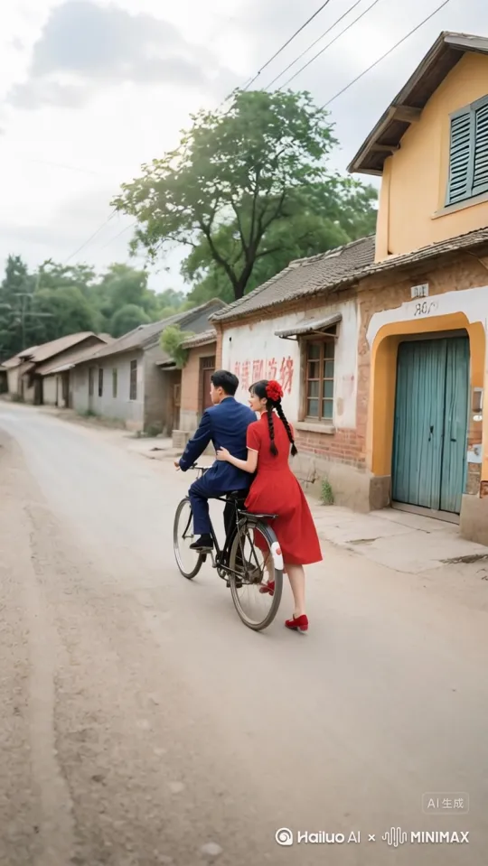 先让图片中两人骑自行车向前走，然后镜头[左移,上升]，两人在骑行过程中又说又笑，满满的幸福感，交代七十年代整个社会环境。 by Hailuo AI Video Generator