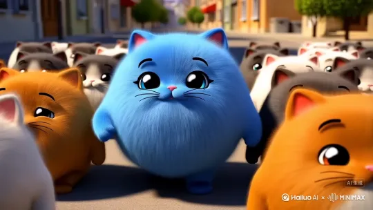 一只蓝色可爱的胖猫在走路的画面，一边说话，周围有很多其他颜色的胖猫 by Hailuo AI Video Generator