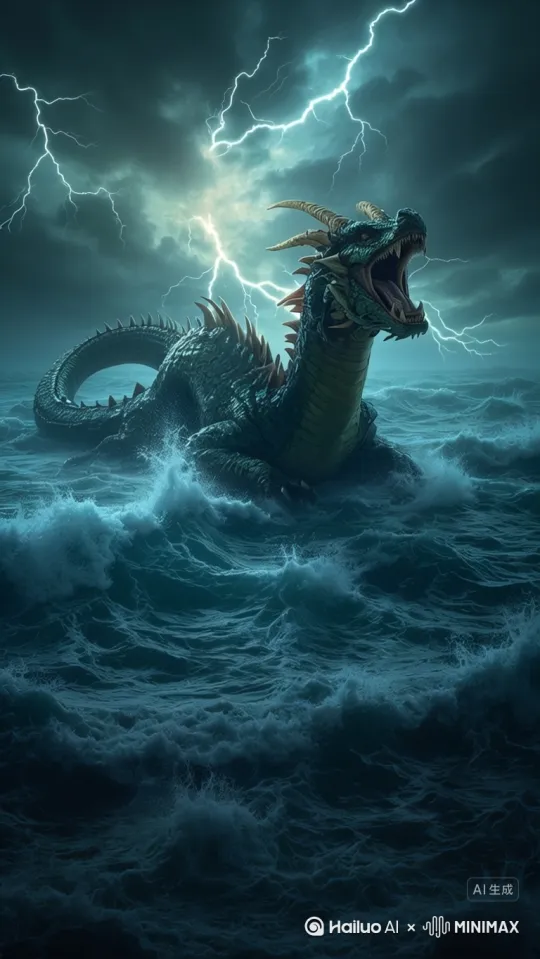 大海波涛汹涌，这条龙的眼睛发出红色的光芒并咆哮着 by Hailuo AI Video Generator