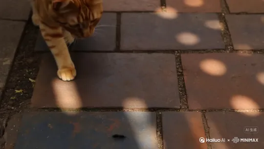 0:00-0:01 开场：环境定格

  • 画面：俯拍青砖地，阳光斑驳，橘猫蹲在光影交界处，一只黑蚂蚁从猫爪前爬过。

  • 截图描述：

![橘猫侧身蹲坐，前爪旁1厘米处有只黑蚂蚁，背景虚化的藤蔓与光斑]

作用：1秒内建立“夏日庭院+猫+蚂蚁”的童年场景认知。

0:02-0:03 猫爪试探（慢动作）

  • 画面：特写猫爪悬停、轻拨蚂蚁，蚂蚁慌乱逃窜，猫缩爪歪头。

  • 截图描述：

![猫爪肉垫触地瞬间，蚂蚁触角摆动，猫歪头露出困惑表情]

作用：用0.5秒慢动作放大“无意义却有趣”的互动细节。

0:04-0:05 穿插童年闪回（老照片）

  • 画面：快速切2张老照片（儿童蹲地逗蚂蚁+举玻璃瓶装蚂蚁），与猫咪画面叠化。

  • 截图描述：

![左半屏：橘猫追蚂蚁；右半屏：穿短裤的小男孩用草茎逗蚂蚁]

作用：用分屏对比直接建立“猫=儿童”的联想。

0:05-0:06 结尾：猫咪抬头，字幕浮现

  • 画面：橘猫突然抬头看飞过的蝴蝶，画面定格，字幕弹出。

  • 截图描述：

![橘猫仰头，耳朵竖起，前爪离地，字幕：“你的童年呢？”]

作用：用“分心”动作呼应儿童注意力易转移的特点，留白提问。

------

6秒镜头设计逻辑

  1. 节奏：0.5秒/镜头（含0.5秒慢动作），符合短视频“3秒必留人”规则。

  2. 记忆点压缩：

      • 环境：青砖+阳光（1秒）→ 快速建立场景认知；

      • 动作：猫爪拨蚂蚁（1秒）→ 复现儿童顽皮行为；

      • 对比：分屏老照片（1秒）→ 直接触发童年记忆；

      • 情感：猫咪抬头+字幕（1秒）→ 留白引发共鸣。

  3. 技术优化：

      • 慢动作仅用于“猫爪拨蚂蚁”关键帧，避免节奏拖沓；

      • 老照片用黑白滤镜，与彩色实拍形成时代对比；

      • 字幕用手写体，增强“童年手账”感。

--- by Hailuo AI Video Generator