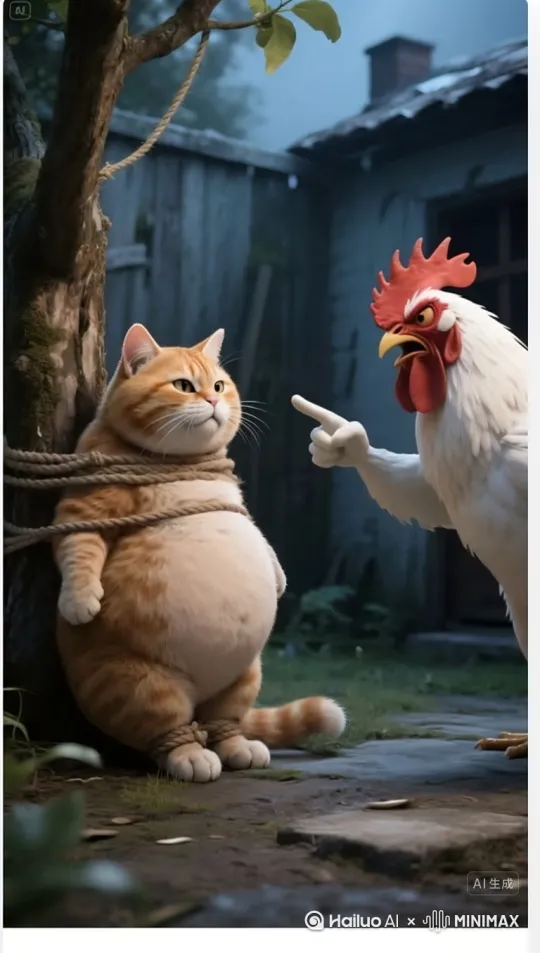 橘猫，被公鸡抓住，打电话叫老虎来最后把公鸡杀了，他们剁肉，肉串成串，吃烧烤，喝酒但是要求，要一分钟以上 by Hailuo AI Video Generator