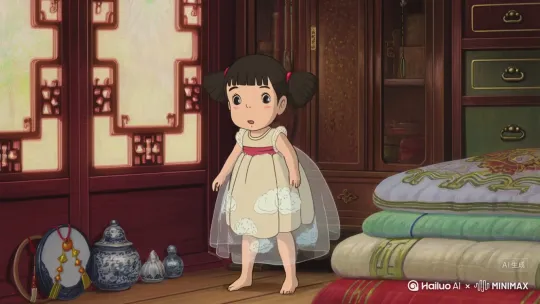 开场（古代闺房）  
 场景：雕花木窗透进晨光，萌系青花瓷、绣绷散落  
 人物：包子脸小姑娘（齐刘海+双髻）伸懒腰，身着唐制齐胸襦裙（纱质半透明+卡通云纹）  
 动画：她踮脚够衣柜，突然柜门发光 by Hailuo AI Video Generator