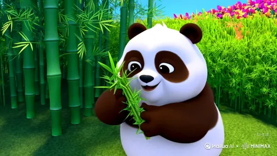 闯入动漫里的世外桃源🌿  
这只圆滚滚的Q版小熊猫也太会玩了吧！  
啃竹笋、追蝴蝶、在花海里打滚…  
每一帧都萌到心化 by Hailuo AI Video Generator