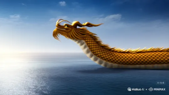 生成一个龙腾戏水的视频，就是一条金色的龙在海面上玩耍翻滚，时而擦着水面玩耍的视频 by Hailuo AI Video Generator