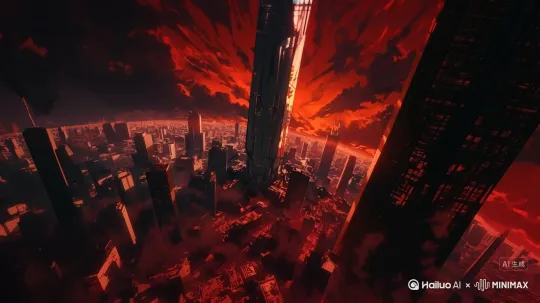 镜头缓慢向下降，原本的天空上出现许多红色传送门，红色传送门缓缓扩大，缓慢左右移动 by Hailuo AI Video Generator