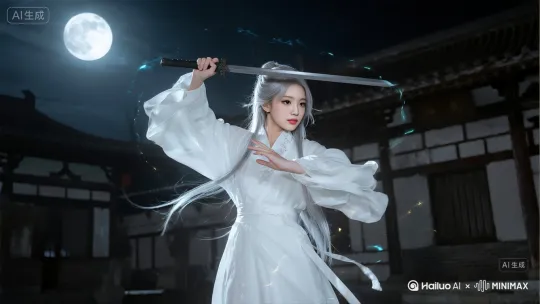 A hyperrealistic cinematic scene at night. Luna, the beautiful 23-year-old woman in flowing white Hanfu, rises and begins a breathtaking sword dance in the moonlit courtyard. Her movements are fluid and precise, her silver-gray hair swirling around her. The longsword flashes under the moonlight, creating streaks of silver light. Her expression is focused and intense, conveying both strength and sorrow through her movements. The camera gracefully follows her swordplay, highlighting the beauty of her form and the deadly precision of her technique. by Hailuo AI Video Generator
