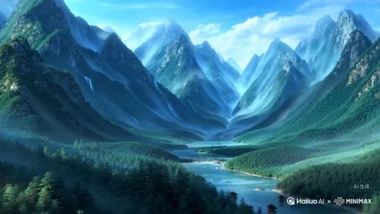 生成一个 工笔画千里江山图一样的写实场景，要CG电影感，超写实，丰富的细节 by Hailuo AI Video Generator