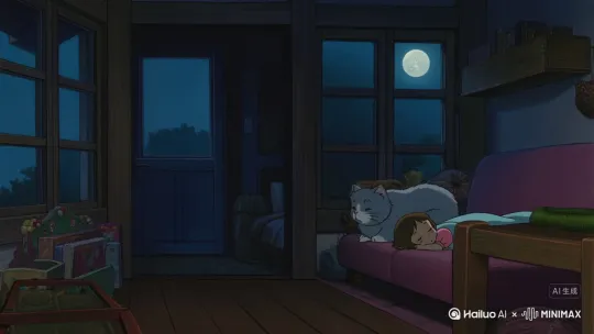 短篇需要宫崎骏风格
这只猫表面上是一个三口之家里的宠物
实际上是这家的守护神
当夜晚来临，全家人都睡着后
这只猫会先去巡视女儿的房间，确定小姑娘的安全
然后去主人夫妇的卧室门口，看看。
最后来到客厅，化身为一个猫猫守护神，安静的守护这个家 by Hailuo AI Video Generator