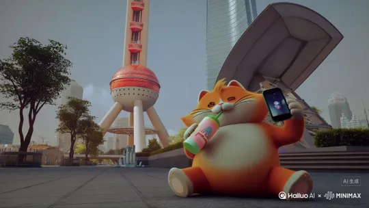 一只胖猫在东方明珠旁旁边喝蜜雪冰城还用安卓机拍东方明珠塔东方明珠塔瞬间变成防御塔攻击胖猫 by Hailuo AI Video Generator