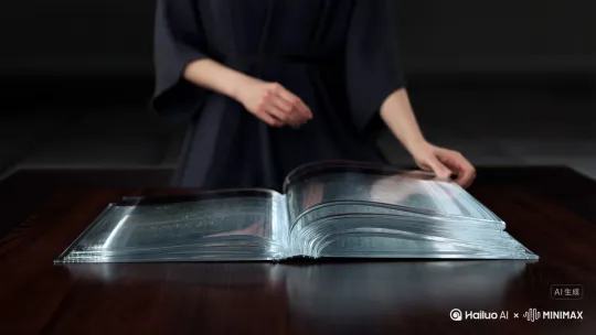 一个人在翻阅用水做成的书 by Hailuo AI Video Generator