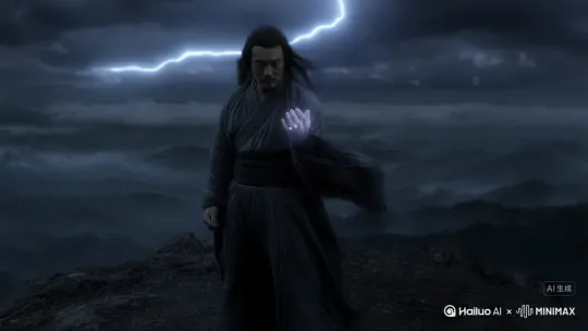 拳力撼岳，无坚不摧生，镜头迅速切换漂移，大片效果，主角古风神话风格。电闪雷鸣，生成一段4秒视频[晃动,变焦推进,上摇] by Hailuo AI Video Generator