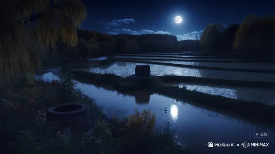 夜游乡
无数梯田盛润月，
秋风把技地上摇，
一口老井月最清，
黑夜难行月引路。
微风河面银粼闪，
河鱼弄水月难圆，
风停河静出双月，
走近一看明镜里，
火虫漫步花草间，
蛙儿跳扑水中月，
虫鸟不困相争鸣，
家犬叫汪迎来客。
夜色曲下祝酒歌，
杯中家酿伴秋月，
酒不醉人人自醉，
饮月不归奈我何！ by Hailuo AI Video Generator