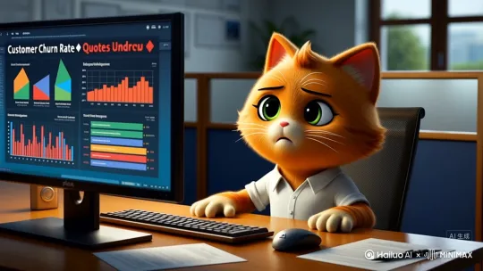 场景一：
在一间办公室
货代橘猫查看报表，愁眉苦脸
屏幕显示“客户流失率↑”“报价被击穿”字样 by Hailuo AI Video Generator