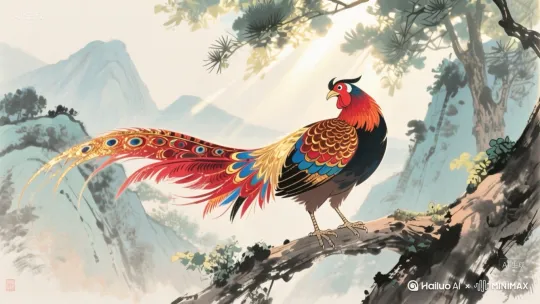 [右摇,拉远]树枝摇曳，山鸡在整理自己的翅膀 by Hailuo AI Video Generator