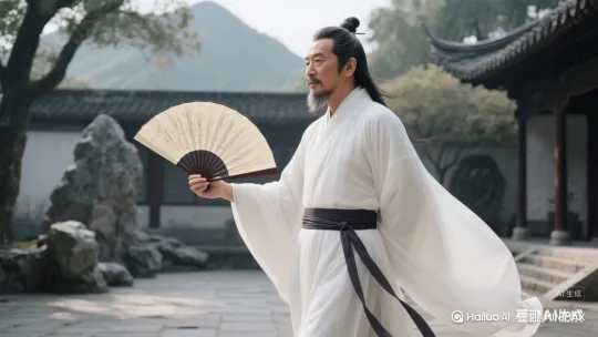 这个人头发变白，走路，有风吹过落叶。 by Hailuo AI Video Generator