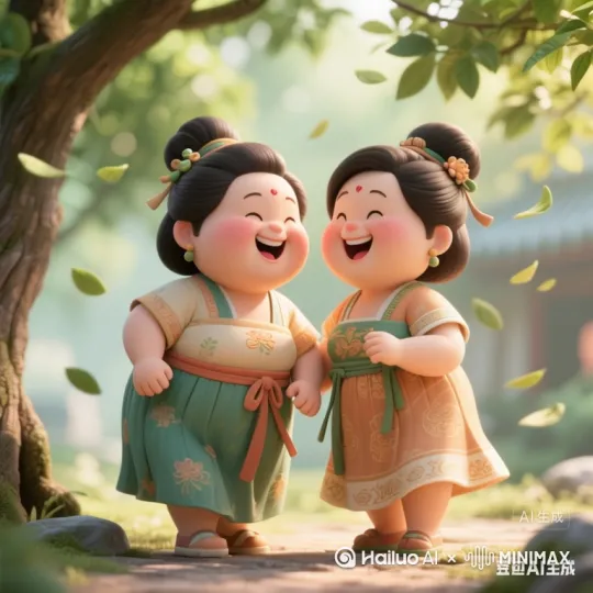 两个萌版唐装女子，在亲热寒暄中，拳来脚去交流武功[右移,左摇,跟随] by Hailuo AI Video Generator