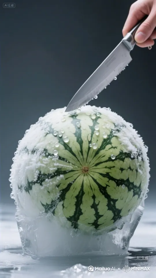 0-1秒:刀身正对着西瓜切面,开始切西瓜的动作,刀刃正中间极缓下压0.1cm,冰珠震颤滚落(慢速)。
继续切下西瓜,一刀两半,冰裂缝如闪电贯穿瓜体,裂缝边缘溢出螺旋冷雾,雾中透出暗红瓤色。两半西瓜往两边慢慢分开,冷雾慢慢飘起来 by Hailuo AI Video Generator