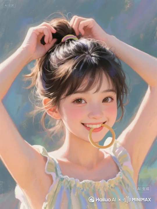 [右移][左移,推进,右摇]风吹着女生头发丝轻轻飘动，女生单起拿起嘴上的皮筋儿，继续扎头发。 by Hailuo AI Video Generator