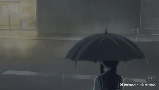 动漫风格，下雨天，一位东京的女高中生一人撑着伞在雨中站着，背影，画面稍微暗沉，看起来有一丝静寂死寂之感 by Hailuo AI Video Generator