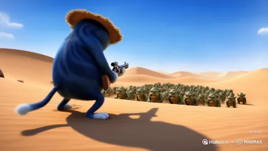 3D动画风格，主角是一只蓝色的胖猫，带着一顶草帽，手里拿着一把步枪，然后他在沙漠看见很多绿色的哥布林，蓝色胖猫就和他们打了起来 by Hailuo AI Video Generator