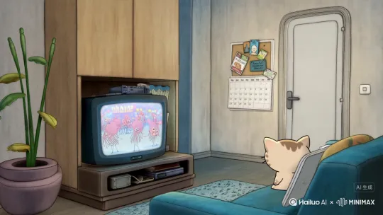 【片名】：猫咪的室友是水母头？

【角色设定】：
1. 小猫（主角）：有表情、有内心独白、呆萌但怕怪异。
2. 水母人：透明漂浮，形体怪异但语气亲昵，行为出人意料。

【场景】：现代城市中的出租屋、客厅环境，风格偏二次元+怪诞。

【镜头1】：小猫看电视，画面播放水母选秀节目，猫内心吐槽“但愿不是怪人……”

【镜头2】：门打开，水母人飘进来，手抱西瓜和袜子，说：“我回来了，猫咪宝～”

【镜头3】：小猫表情震惊，内心OS：“我明天搬走。”

【镜头4】：水母人把西瓜丢天上，用触手吸干，音效“呲——”

【镜头5】：小猫在日历上写：“地狱生活开始。”

【风格】：搞笑+怪异+浮夸，背景音乐轻快或荒诞。

【字幕关键词】：#猫猫短剧 #怪异室友 #离谱日常[左移,推进,右摇] by Hailuo AI Video Generator