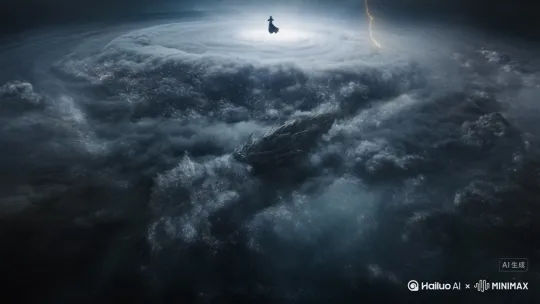 台风眼中心螺旋云层，航拍，一位修仙者在台风眼上空，闪电击打修仙者，超广角镜头展现巨型风暴结构，一条巨型中国龙穿梭在风暴中，暗黑金属色调渲染天空，金色闪电撕裂云层，电闪雷鸣，电影级光影效果呈现台风动态，高对比度处理突显轨迹，真实天气模动态模糊处理展现狂风暴雨的压迫感，细节丰富的粒子特效，高空航拍 by Hailuo AI Video Generator