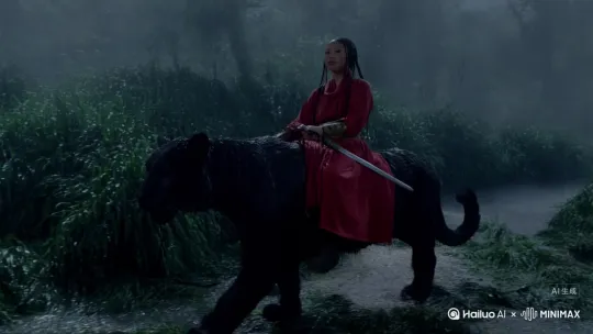 雨幕如丝，织就朦胧帘幕，将幽深的密林笼罩其中。浓绿的枝叶在风中摇曳，承接万千雨珠，滴落的声响在林间回荡。

忽然，一抹炽烈的红破开雨雾，劈开浓绿——那是一位身着古风红衣的小将，稳稳坐于一头玄黑巨豹之上。巨豹身姿矫健，皮毛在雨中泛着油亮的光泽，每一步都沉稳而有力，踏碎林间的积水，溅起细碎的水花。

红衣小将虽身形娇小，眉宇间却透着一股与年龄不符的坚毅。她一手紧握缰绳，另一只手则稳稳攥着一柄利剑，剑身被雨水冲刷得愈发清亮，锋芒暗藏。雨水打湿了她的发丝，顺着脸颊滑落，却丝毫未曾动摇她前行的决心。那双澄澈却锐利的眼眸，穿透雨帘，望向密林深处，仿佛在奔赴一场未知的战场，又似在坚守一份不容懈怠的使命。

这雨中的赶路，是少年意气的奔赴，是野性与英气的交织，每一帧都充满了惊心动魄的美。用镜头捕捉这份少年意气与野性力量的碰撞，每一帧都是流动的传奇。 by Hailuo AI Video Generator