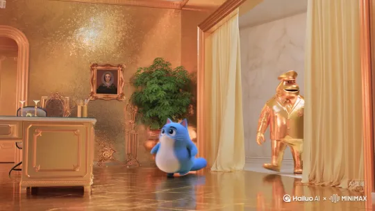弄一个一只蓝色的胖猫（动画版）跟着校长校长全金西装，办公室都是金的，从办公室走到美国，然后校长质疑白宫是不是他家厕所（动画版） by Hailuo AI Video Generator