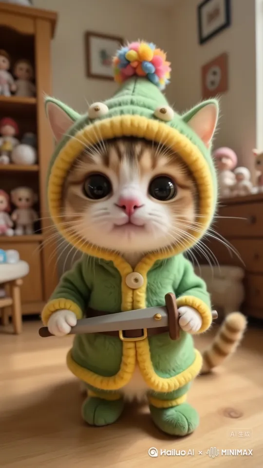 可爱小猫、拟人化、舞动剑、动态姿势、挥舞武器、萌系战斗姿态 by Hailuo AI Video Generator