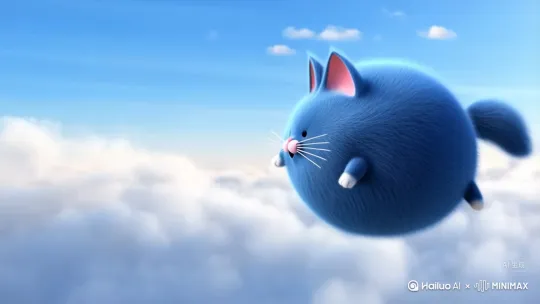 3D动画风格，画面主体是一只蓝色的胖猫，耳朵内侧为粉色，有着白色的胡须和粉色的鼻子，在天上飞 by Hailuo AI Video Generator