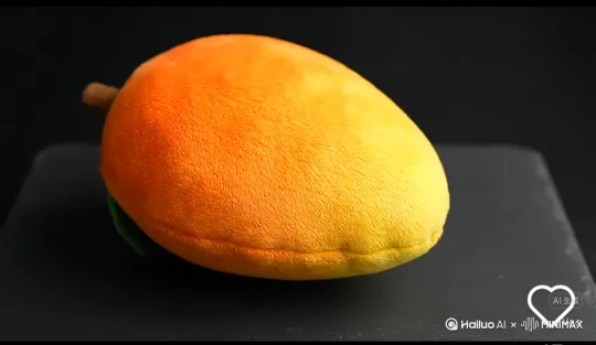 这是一个毛绒茫这是一个毛绒芒果玩具,只见一只手拿着一个餐刀，_另一只手按住毛绒芒果，之前蚕豆将芒果分成两半，冒出浓浓的芒果汁，芒果切片倒下。 by Hailuo AI Video Generator