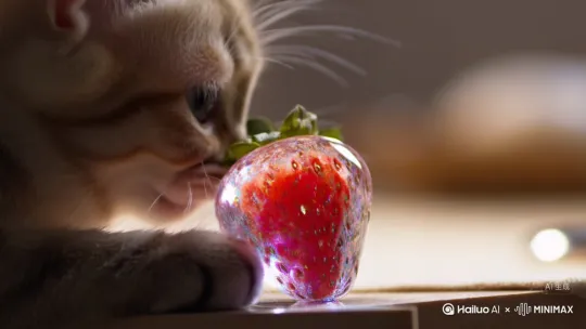 先是小猫咪吃水晶草莓，水晶草莓外表有一层透明又流光的水晶色，里面包裹着一颗鲜艳的草莓，小猫用牙齿咬一口，水晶草莓留出汁水，汁水流出的速度缓慢，小猫又咬下一口，水晶草莓里面流出缓慢的汁水 by Hailuo AI Video Generator