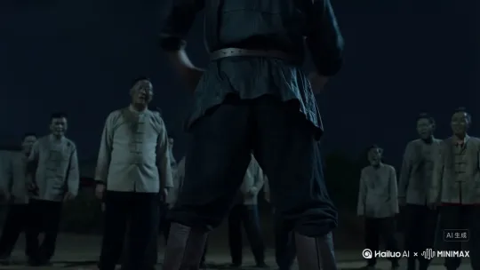 人物：
# 🛡️ **一、实战猎妖装束（基础型）**
- **整体风格**：简洁干练，注重行动便利性，色调以深色（黑、靛蓝、棕褐）为主，减少装饰突出功能性。
- **关键部件**：
  - **上衣**：坚韧耐磨的麻布或皮质短打，内衬暗藏多个口袋，用于存放符咒、法器或药瓶；肩部与肘部加固皮革护甲，防御妖物抓咬。
  - **下装**：宽松束脚裤或绑腿设计，方便攀爬跳跃；腰间系皮质腰带，悬挂收妖囊或短兵器。
  - **鞋履**：高筒皮靴，鞋底加厚防刺且刻有防滑纹路，适应山地、沼泽等复杂地形。
  - **配饰**：宽檐斗笠（防雨防晒）或简易护额（防妖气侵袭），无多余首饰。

**代表角色**：30岁男性猎妖师（190cm/80kg），装束强调力量感与效率。
动作：捉妖师背对屏幕，紧张的看着自己前面的僵尸，一只手往上衣口袋里摸着，拿出一件铃铛法器。
背景：身后站着几个身穿清朝官员服饰的僵尸，这些僵尸面目狰狞，皮肤青白，裸漏皮肤有腐烂之处，所穿服装站着一点泥土，正在向捉妖师缓慢移动，嘴里发出嘶哑的叫声。
风格：写实，偏阴暗，时间为深夜，只有月光照亮，整体给人一种压迫感和紧张感
运镜：视线从捉妖师背后，向前延伸，固定在捉妖师头部，并迅速转化为捉妖师第一视角 by Hailuo AI Video Generator