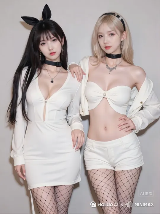 [推进,上升,变焦拉远]两位美女摆着各种姿势秀着自己的身材，微笑着望着镜头慢慢走过来，然后对镜头来了一个飞吻。 by Hailuo AI Video Generator