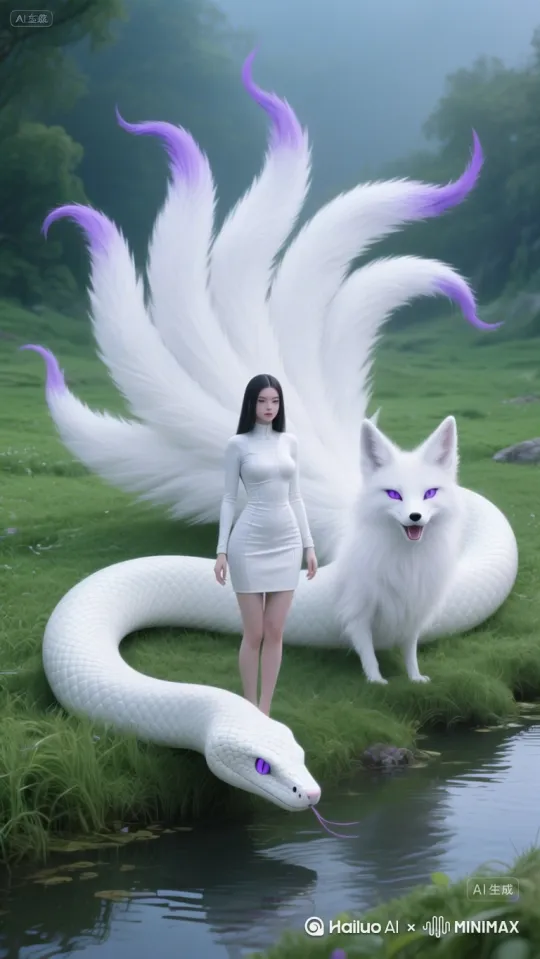 要求：美女在原地跳白狐舞，狐狸张开嘴叫唤，白蛇把头伸到水里喝水，水沟里的水是流动的，狐狸尾巴轻轻左右摇摆 by Hailuo AI Video Generator
