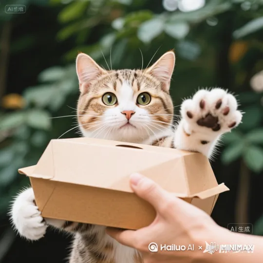 小猫把餐盒推到镜头前  手掌伸出抚摸，小猫开心蹭手掌 by Hailuo AI Video Generator