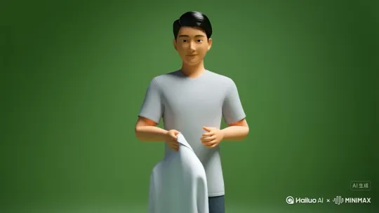 卡通 3D动画风格,远距离全身镜头,中国年轻男子穿着半袖,穿上一件白大褂 。背景墙纯绿色。 避免:手部畸形、六根手指、袖子穿模、手腕断裂、不自然褶皱、材质塑料感、动作抽搐。 要求:袖管穿脱过程无穿模 by Hailuo AI Video Generator