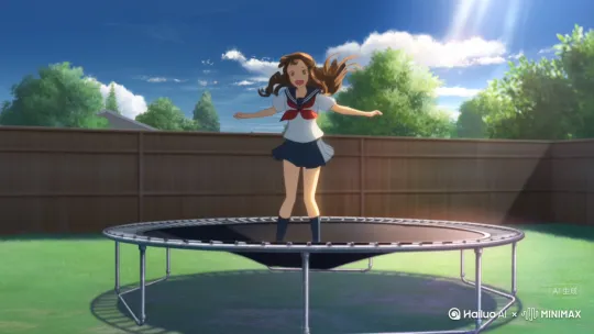 日本动漫风格，一个女子高中生在蹦床上玩耍 by Hailuo AI Video Generator