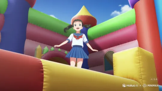 日本动漫风格，一个女子高中生在充气城堡里玩耍 by Hailuo AI Video Generator
