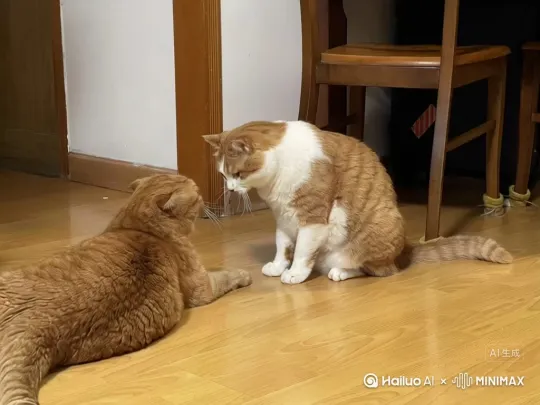 [左移,推进,右摇]这两只猫在打架
打激动了，他俩摇身一变
[右移,左摇,跟随]左边那只是全身都是橘色的折耳猫变成了拥有超级夸张皮毛的凶猛怪兽，瞳孔闪烁着五彩斑斓的光，喷射出激光

[左移,右摇,跟随]右边那只是橘加白的猫变成石头外壳的怪兽，眼睛流淌出岩浆，喷出的岩浆

[拉远,上升,下摇]最后镜头飞速拉远给出一个超级大全景，后面是星辰大海 by Hailuo AI Video Generator