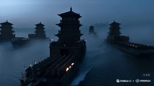 ultra-detailed cinematic scene, historical realism, early dawn over a wide river in late Yuan dynasty China. A dense morning fog rises over the surface of the Yangtze River. Emerging from the mist are dozens of enormous multi-decked wooden warships, each with tall tower-like stern structures, resembling siege towers mounted on boats. These "lou chuan" slowly push forward through the fog in formation, silent and imposing.
Soldiers in mixed Yuan-Ming transitional armor stand ready on deck, gripping spears and shields. Archers line the upper decks, firelight flickering on their helmets and faces. In the lead ship, a commander in dark lamellar armor and a red cloak stands at the bow — Chen Youliang. He raises his hand calmly as signal. Drums begin to thunder faintly. Wind stirs banners marked with his crest.
The camera slowly glides from above, then cuts to close-ups: trembling torchlight, mist dripping from the hull, archers squinting ahead, an old veteran murmuring a silent prayer. The tower-like ship sterns rise like shadows against the mist. The scene ends with a slow pan of the fleet closing in on the distant silhouette of Taiping City.
--ar 16:9 --style cinematic --realistic lighting --volumetric fog --motion blur --slow camera by Hailuo AI Video Generator