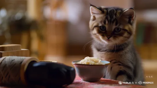 小猫小猫咪在吃面。 by Hailuo AI Video Generator